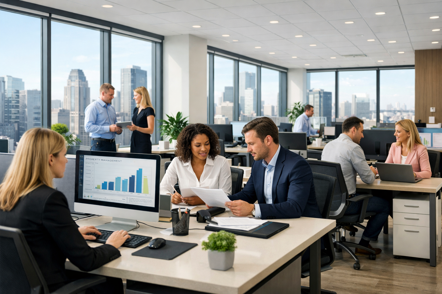 Property management professionals collaborating in a modern office